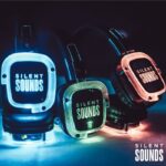 SILENT DISCO PARTY PACK (2) 3 LED Headphones displaying 3 channels, red, blue and green